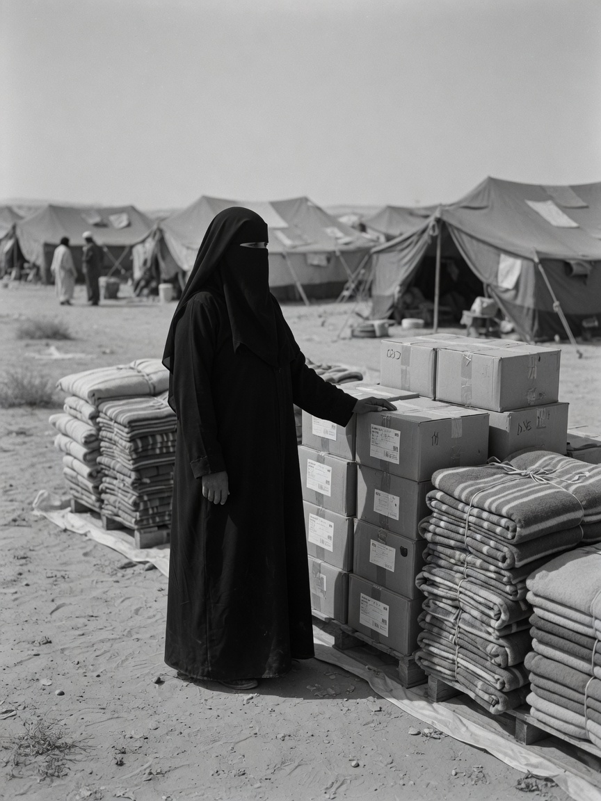A sister in niqab standing beside essential aid supplies prepared for camp delivery
