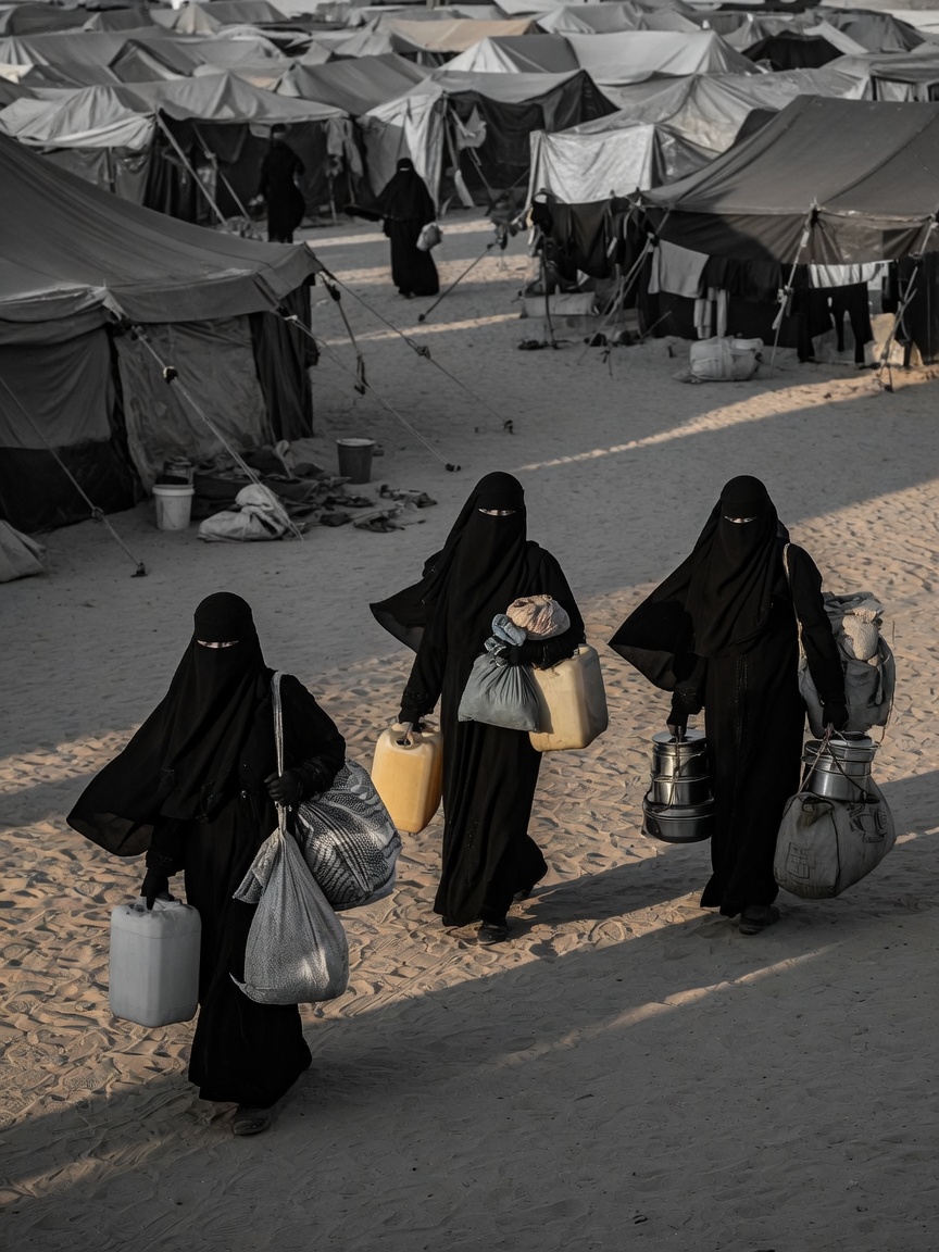 Sisters in niqab carrying water containers and supplies through a displacement camp