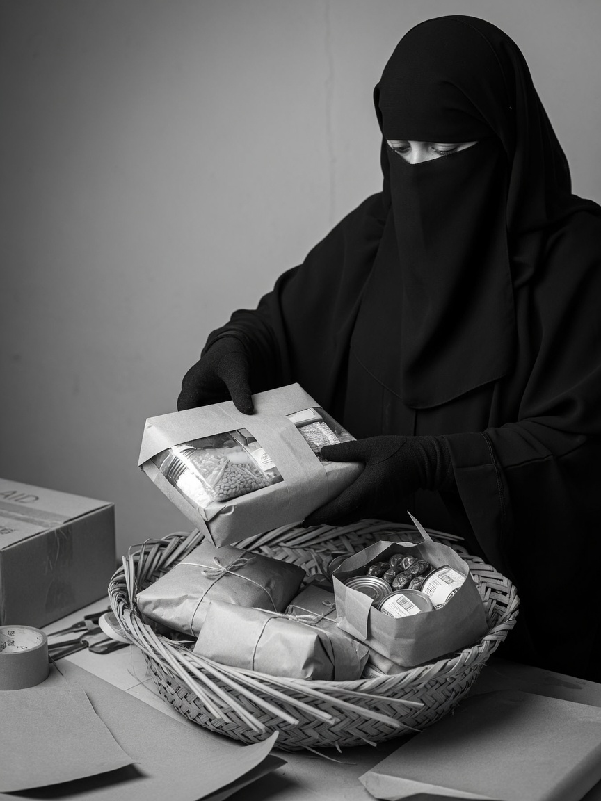 A sister in niqab carefully preparing and packaging food parcels for delivery