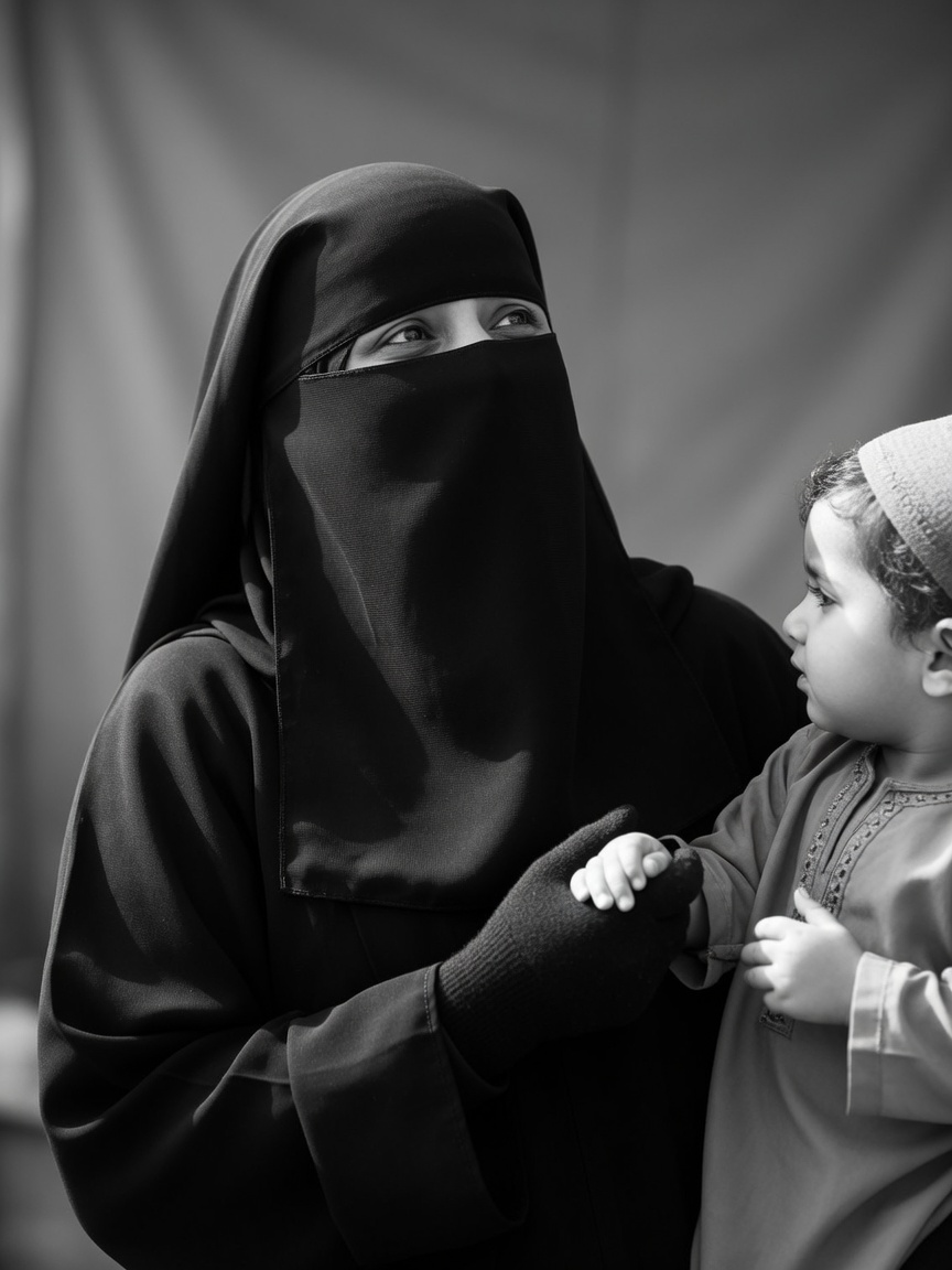 A sister in niqab with a child in the displacement camps